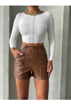 Parçalı Cepli Deri Şort Taba W26312 Parçalı Cepli Deri Şort Taba W26312