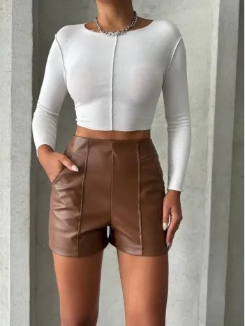 Parçalı Cepli Deri Şort Taba W26312