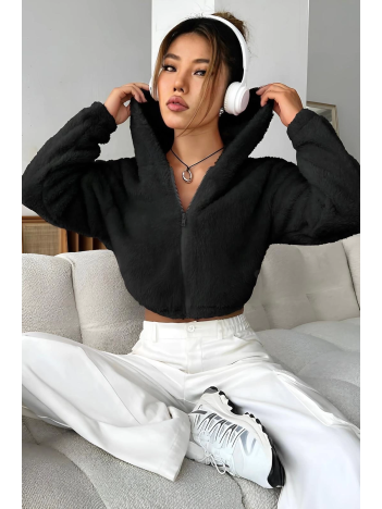 Peluş Ceket Kapşonlu Siyah