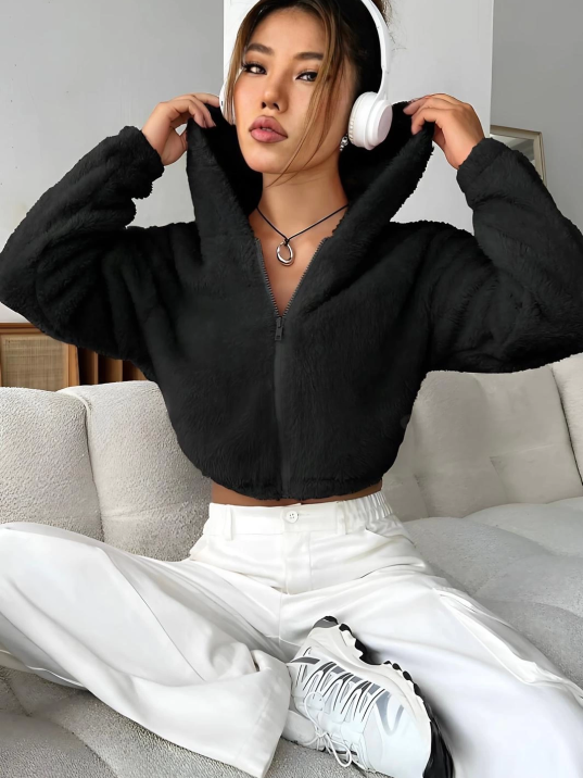Peluş Ceket Kapşonlu Siyah Peluş Ceket Kapşonlu Siyah