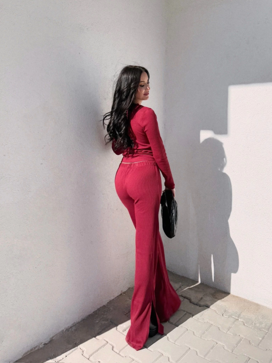 Pencereli detaylı alt üst takım bordo w3864