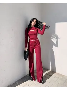 Pencereli Detaylı Alt Üst Takım Bordo W3864