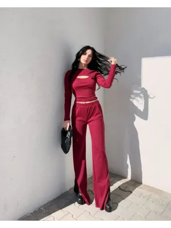 Pencereli Detaylı Alt Üst Takım Bordo W3864