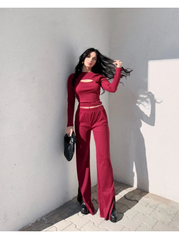 Pencereli detaylı alt üst takım bordo w3864