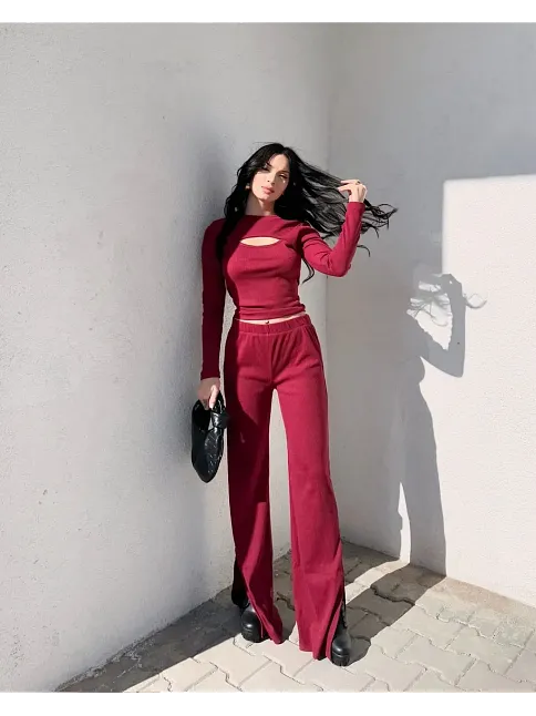 Pencereli Detaylı Alt Üst Takım Bordo W3864