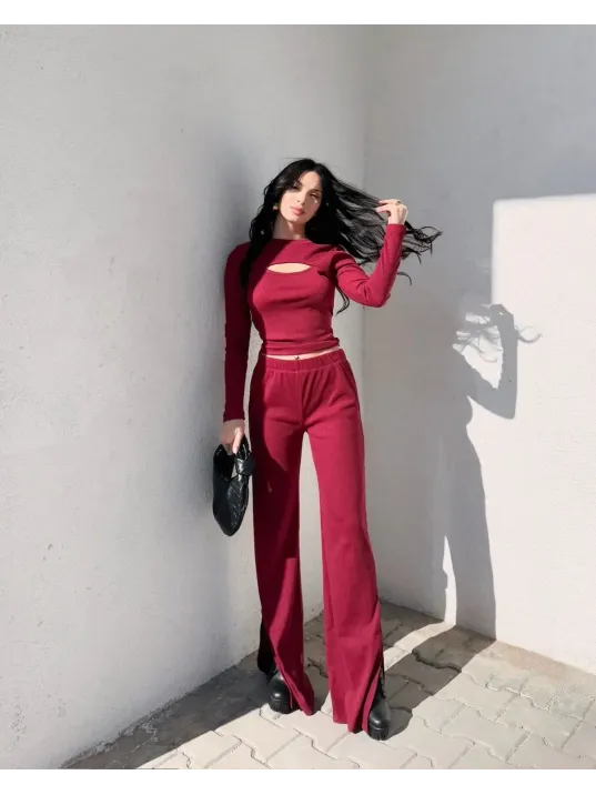 Pencereli Detaylı Alt Üst Takım Bordo W3864