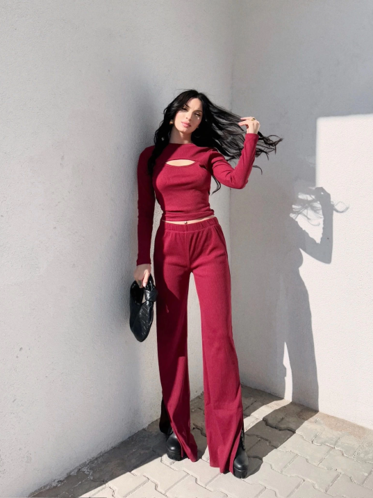 Pencereli detaylı alt üst takım bordo w3864