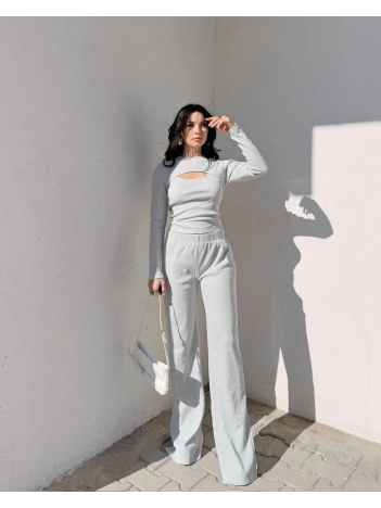 Pencereli detaylı alt üst takım gri w3864