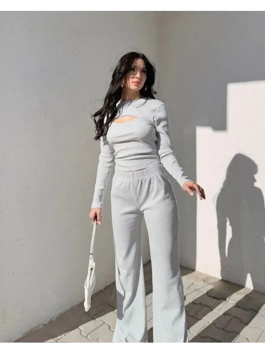 Pencereli Detaylı Alt Üst Takım Gri W3864