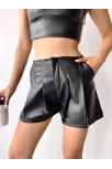 Pileli Deri Şort Siyah H240053