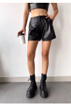 Pileli Deri Şort Siyah H240053