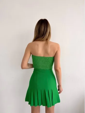 Pileli Düğmeli Etek Açık Yeşil S24811