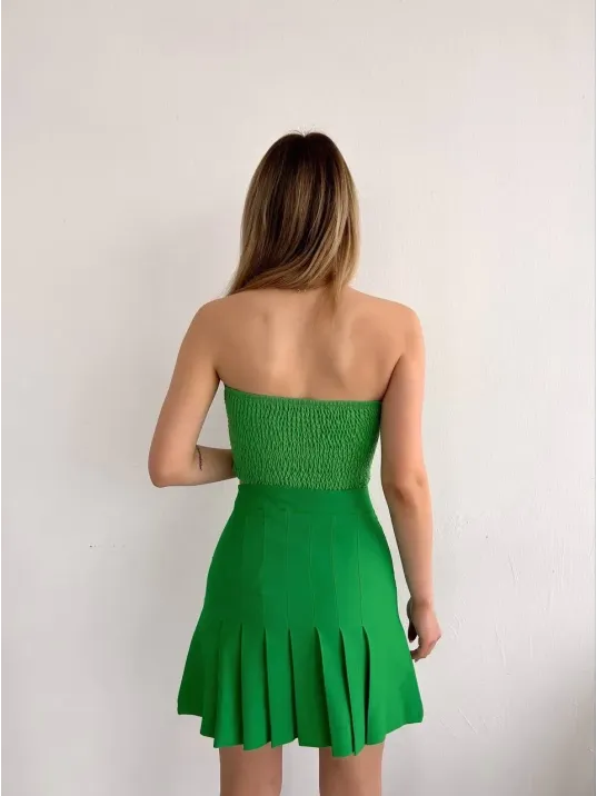 Pileli Düğmeli Etek Açık Yeşil S24811