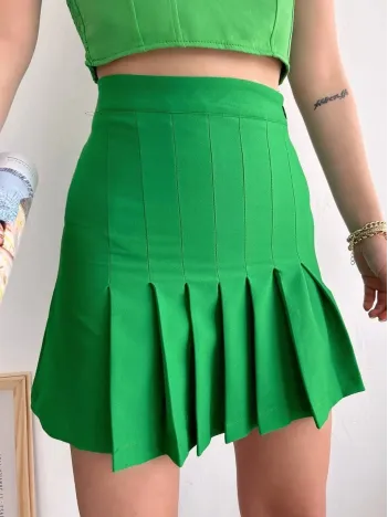 Pileli Düğmeli Etek Açık Yeşil S24811
