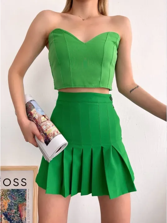 Pileli Düğmeli Etek Açık Yeşil S24811