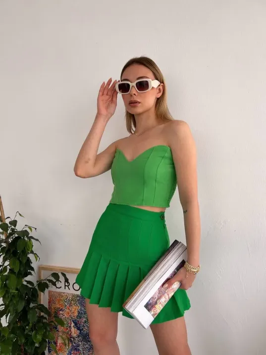 Pileli Düğmeli Etek Açık Yeşil S24811