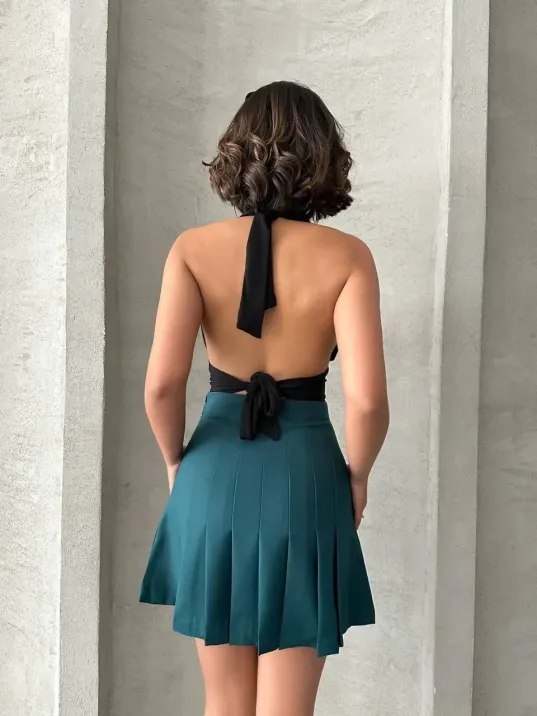 Pileli Düğmeli Etek Yeşil S24811