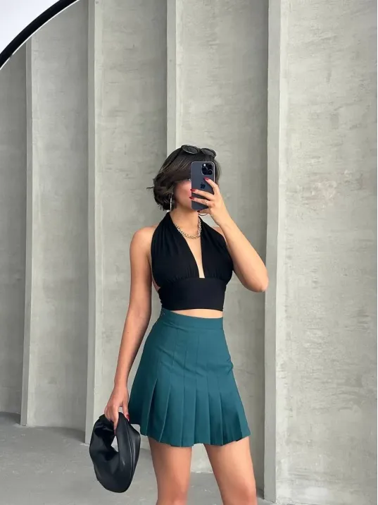 Pileli Düğmeli Etek Yeşil S24811