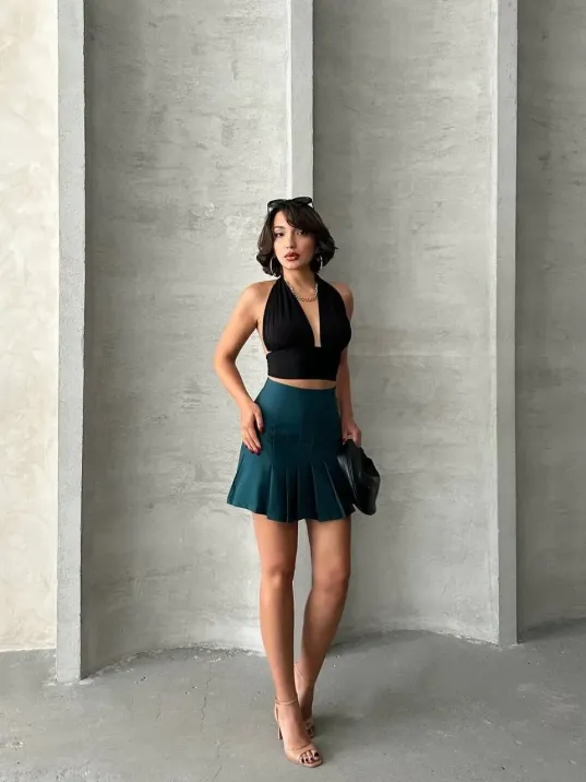 Pileli Düğmeli Etek Yeşil S24811