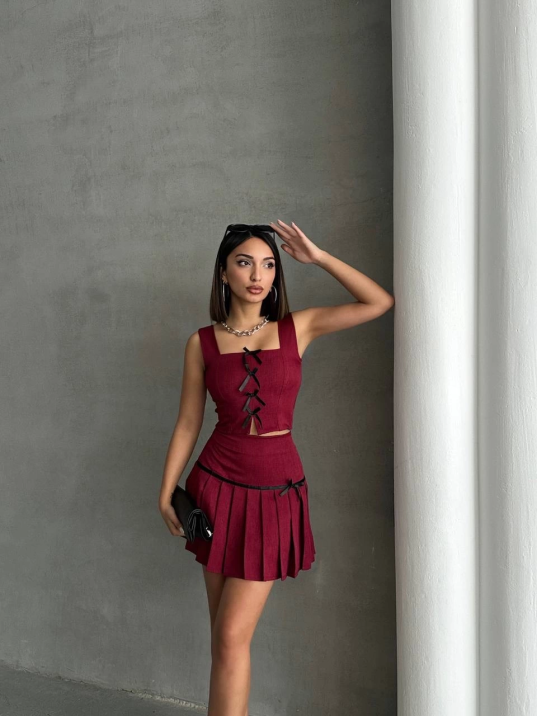 Pileli etek yelek takım bordo s255015