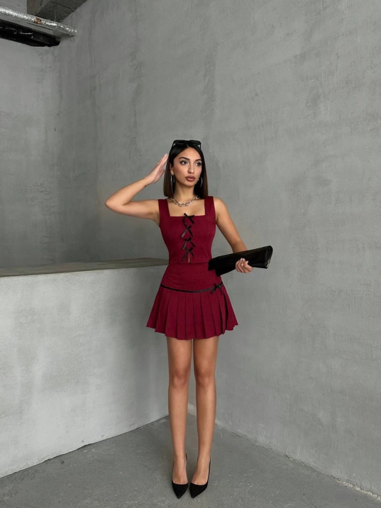 Pileli etek yelek takım bordo s255015