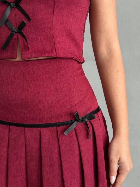 Pileli etek yelek takım bordo s255015