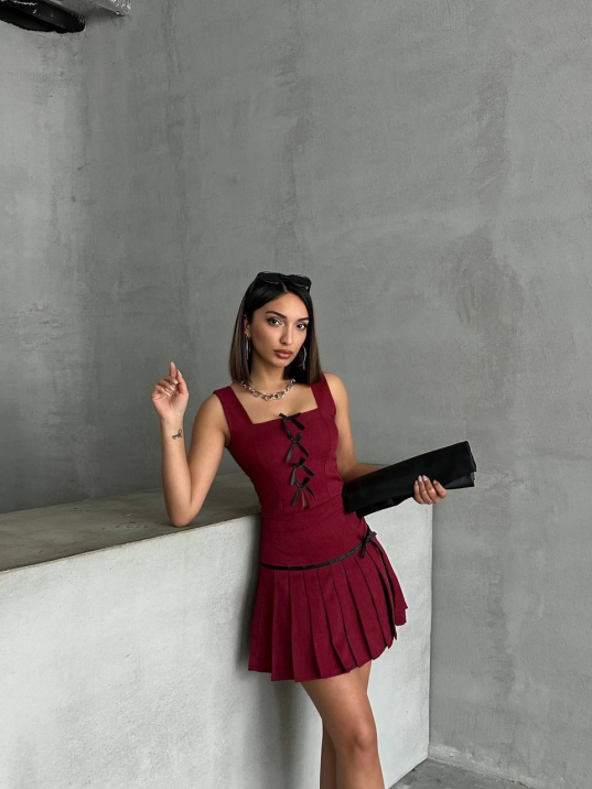 Pileli etek yelek takım bordo s255015