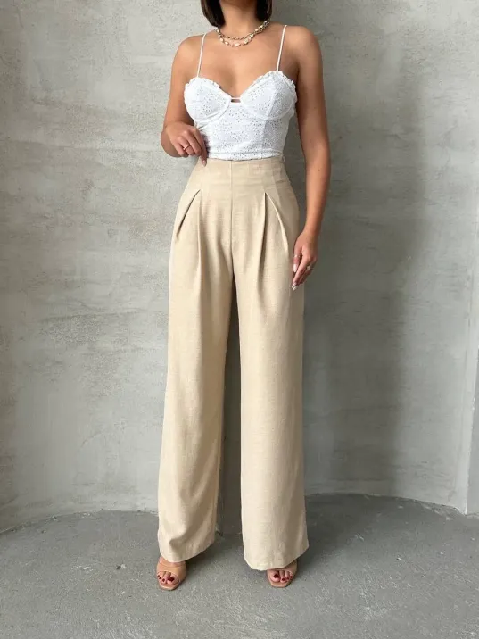 Pileli Keten Pantolon S255046