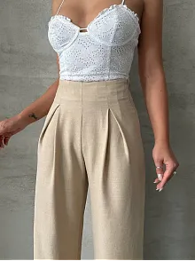 Pileli Keten Pantolon S255046