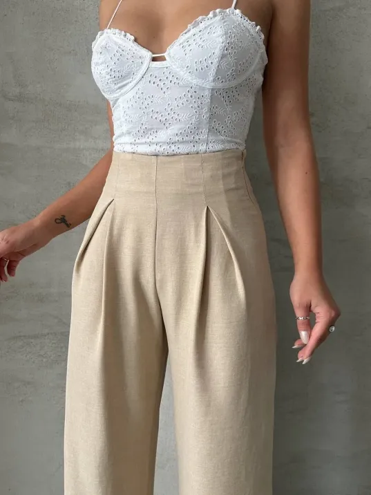 Pileli Keten Pantolon S255046