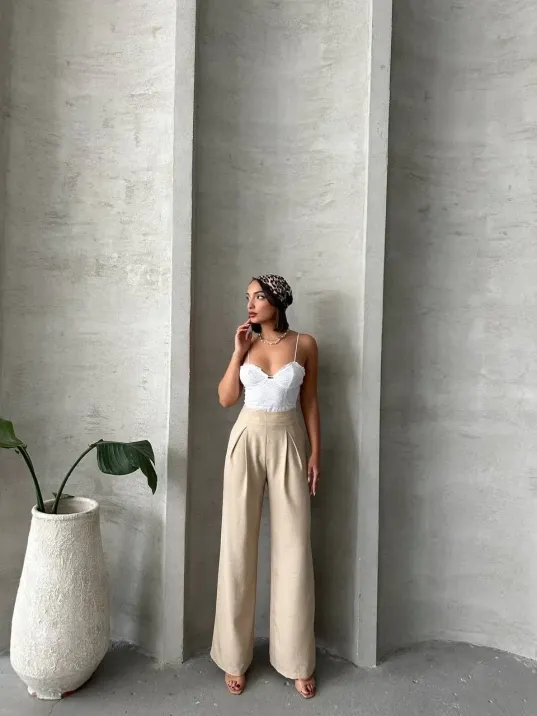 Pileli Keten Pantolon S255046