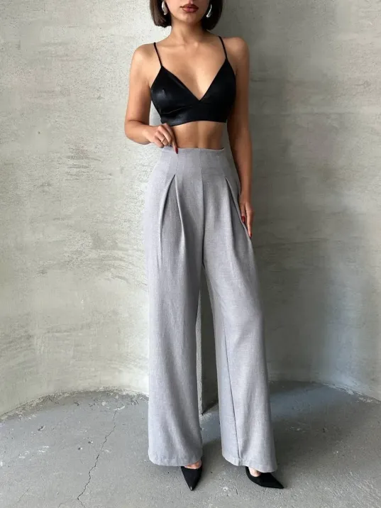 Pileli Keten Pantolon S255046