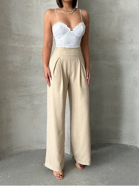 Pileli Keten Pantolon S255046