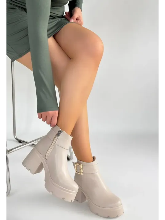 Pinma Bej Cilt Topuklu Bot