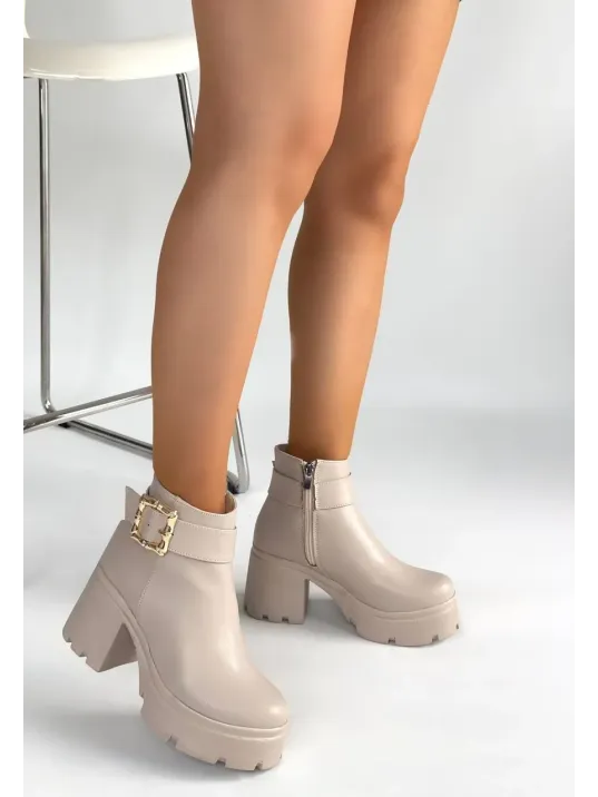 Pinma Bej Cilt Topuklu Bot