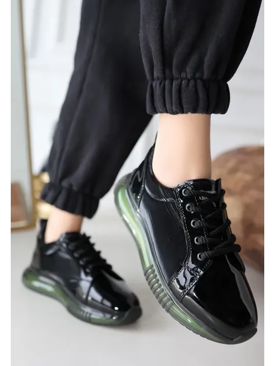 Piona Siyah Rugan Yeşil Tabanlı Spor Ayakkabı