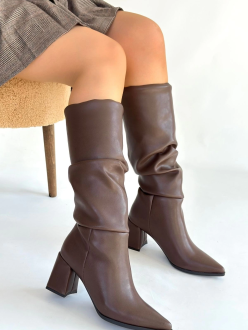 Pitay  Kahverengi Cilt Körüklü Topuklu Çizme