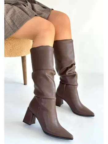 Pitay  Kahverengi Cilt Körüklü Topuklu Çizme