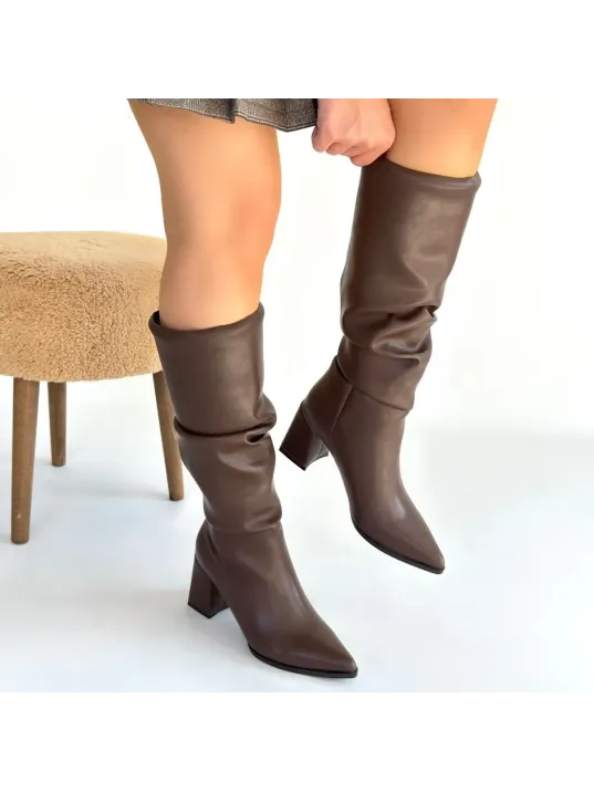 Pitay  Kahverengi Cilt Körüklü Topuklu Çizme