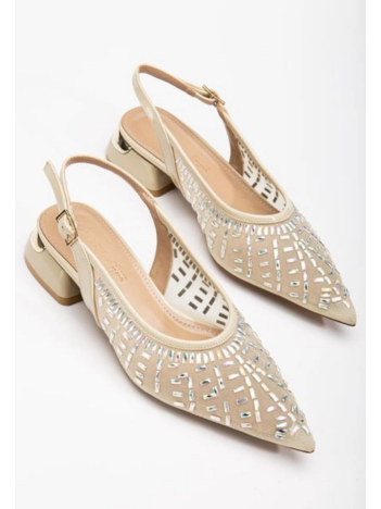 Piyar Bej Taşlı Topuklu Ayakkabı