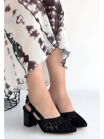 Poje Siyah Saten Tül Detaylı Topuklu Ayakkabı