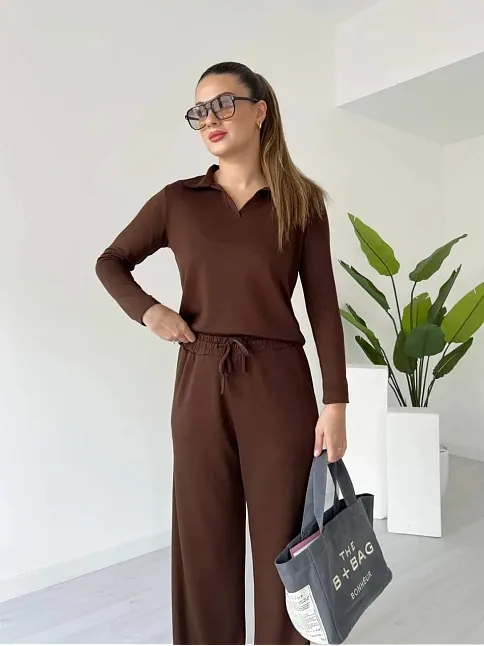 Polo Yaka Alt Üst Kollu Modal Takım Kahve Pt
