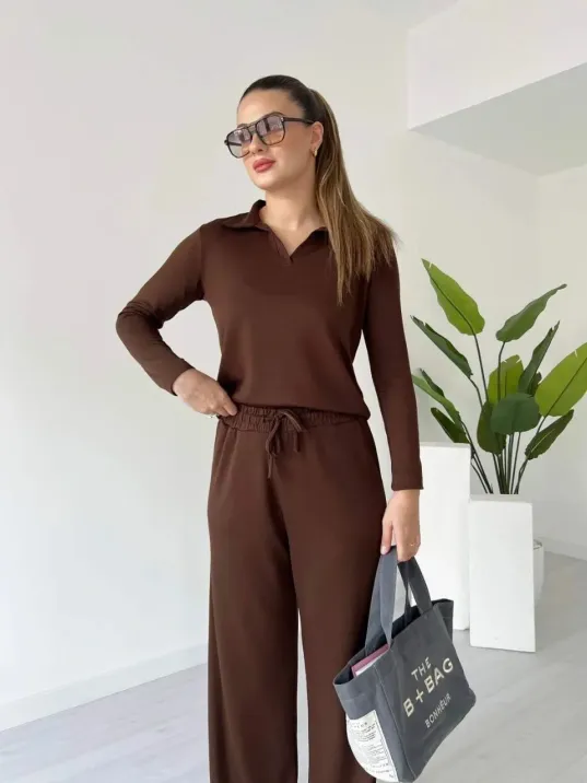 Polo Yaka Alt Üst Kollu Modal Takım Kahve Pt