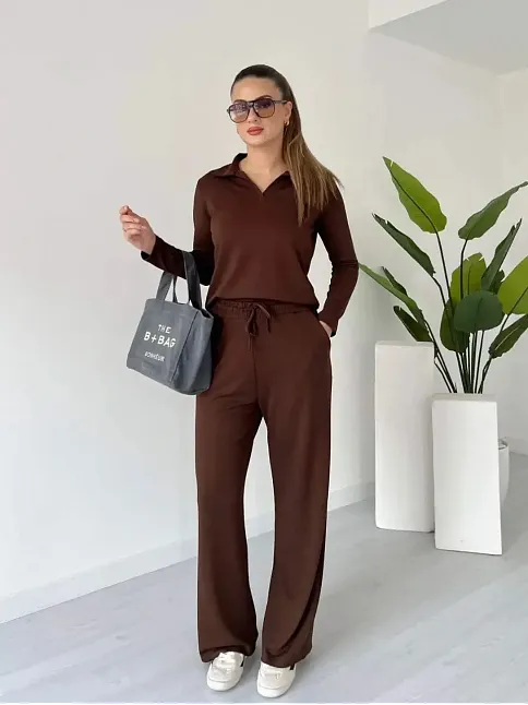 Polo Yaka Alt Üst Kollu Modal Takım Kahve Pt