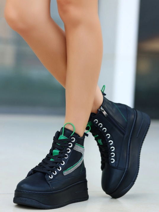 Pone Siyah Cilt Yeşil Detaylı Bağcıklı Bot