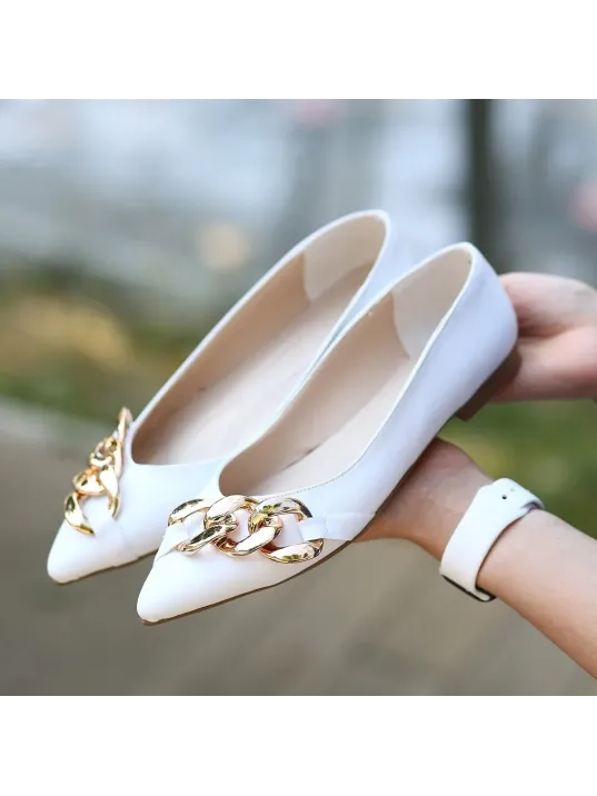 Popi Beyaz Cilt Zincirli Babet Ayakkabı Popi Beyaz Cilt Zincirli Babet Ayakkabı