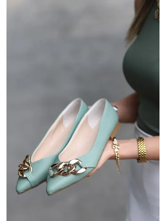 Popi Mint Yeşili Cilt Zincirli Babet Ayakkabı Popi Mint Yeşili Cilt Zincirli Babet Ayakkabı