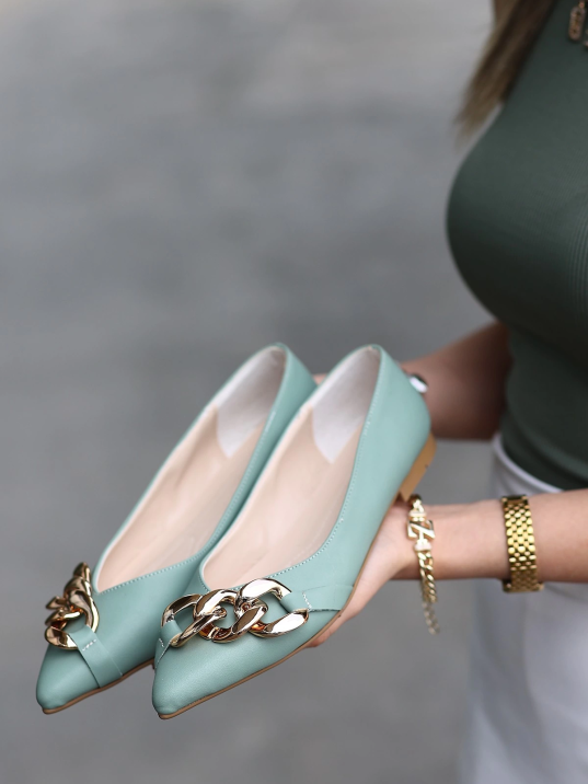 Popi Mint Yeşili Cilt Zincirli Babet Ayakkabı Popi Mint Yeşili Cilt Zincirli Babet Ayakkabı