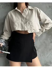Poplin Crop Gömlek Bej S3060