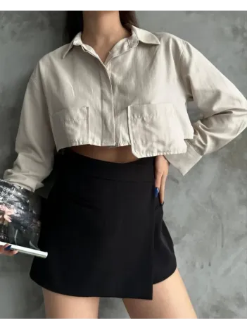 Poplin Crop Gömlek Bej S3060